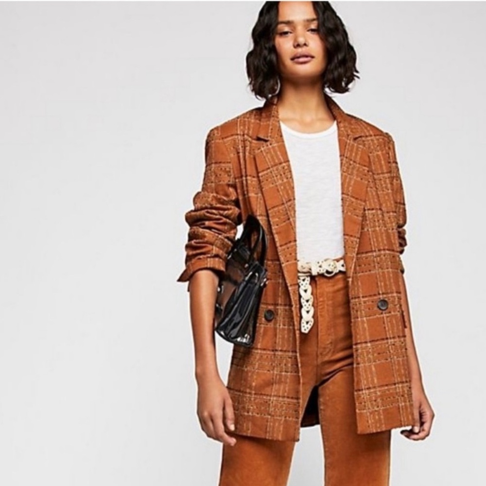 Free People Sporty Uptown Girl Gold Yellow Plaid Blazer